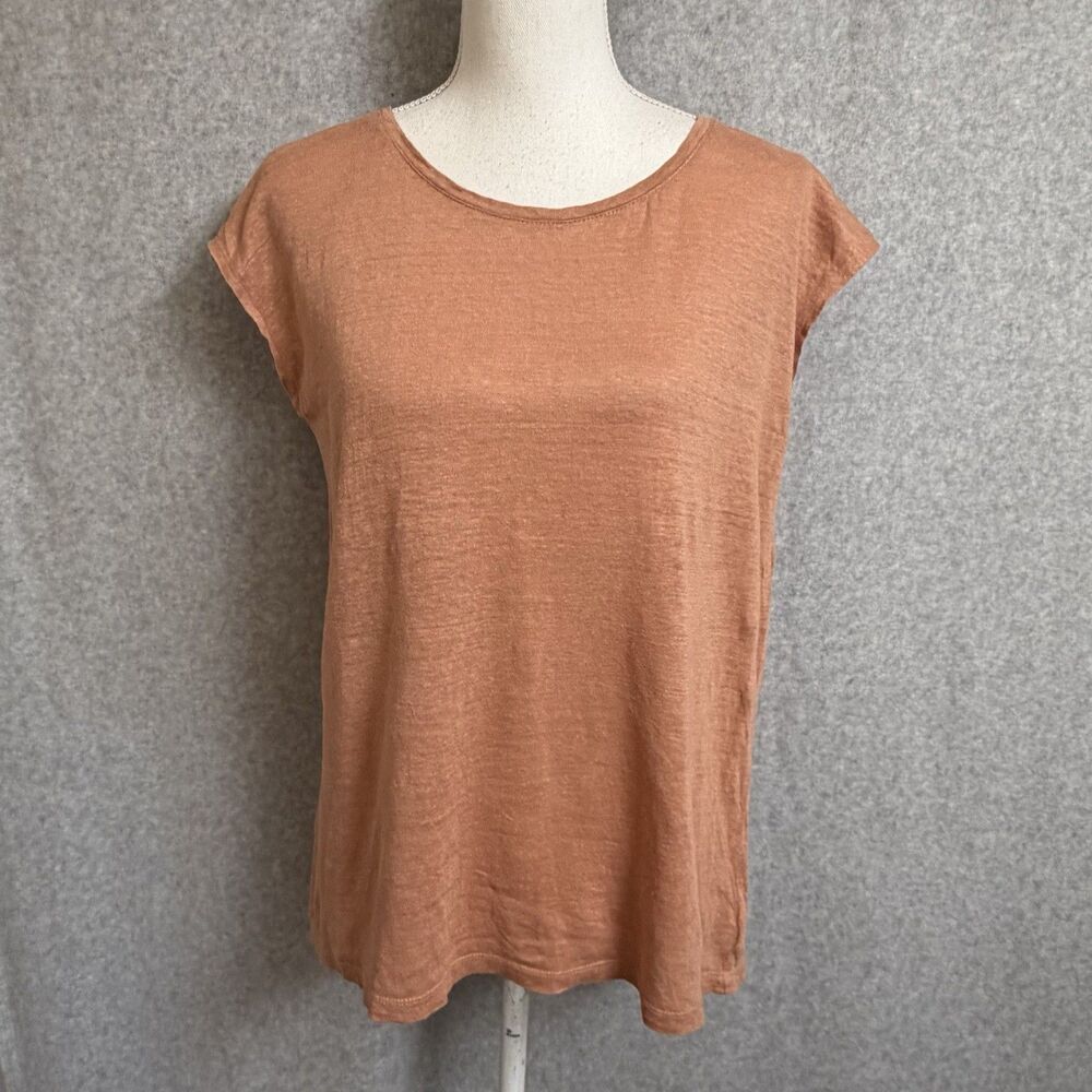 Tahari Women's M 100% Linen Button Up Back Cap Sleeve Top Shirt Terracotta